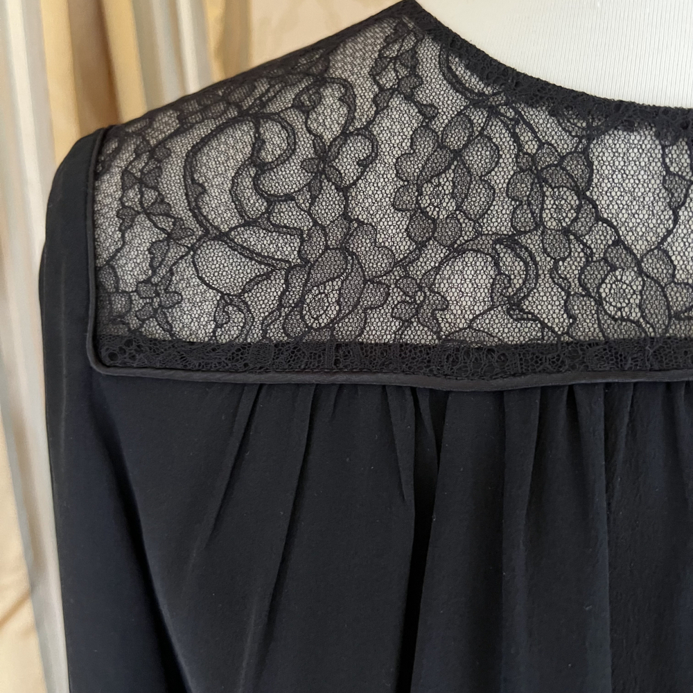 Maje 100% silk black LS top with sheer lace inset size small (1) - Picture 2 of 10